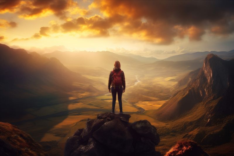 back woman man nature mountain adventure hiker landscape walk travel view backpack. Generative AI.