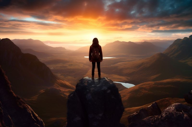 man woman adventure mountain landscape hiker back nature freedom hill backpack travel. Generative AI.