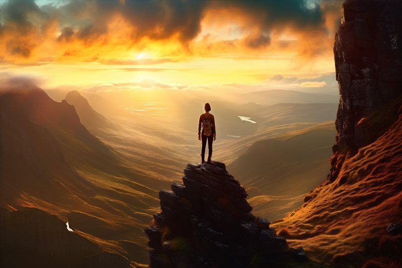 lifestyle woman man backpack walk nature travel back landscape hiker adventure mountain. Generative AI.