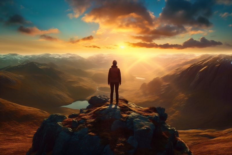 landscape woman man hiker back silhouette mountain hill travel backpack adventure nature. Generative AI.