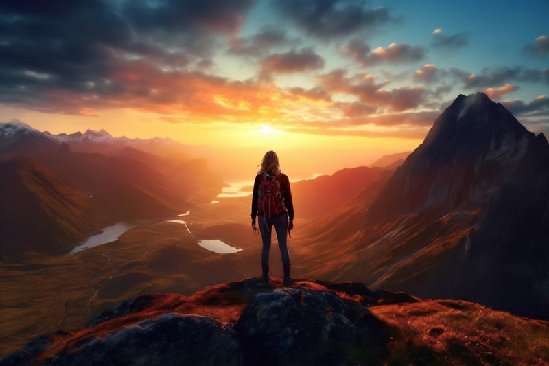 man woman nature adventure travel hiking mountain backpack landscape back vacation hiker. Generative AI.