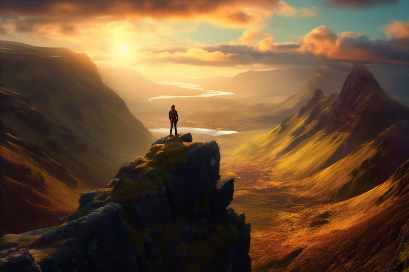 woman man victory adventure nature standing hiker backpack travel mountain landscape back. Generative AI.