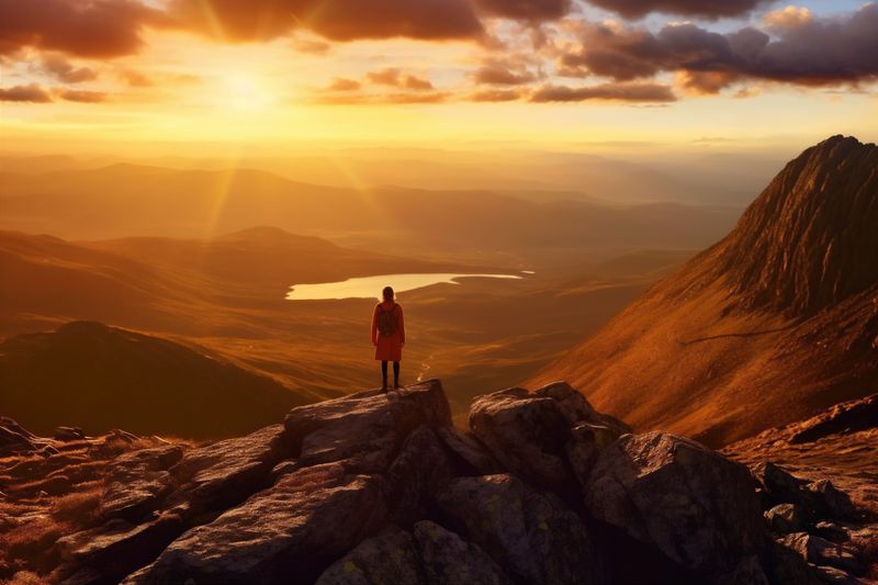 man woman backpack nature standing landscape back mountain hiker travel adventure holiday. Generative AI.