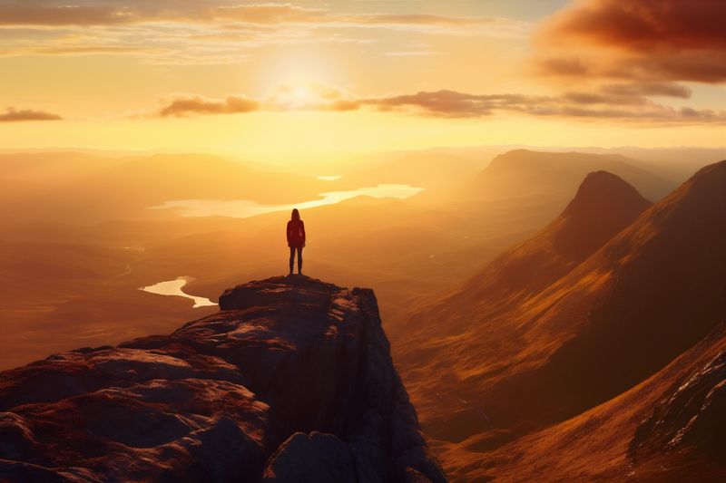 woman man back hiker landscape backpack outdoor nature adventure travel mountain male. Generative AI.