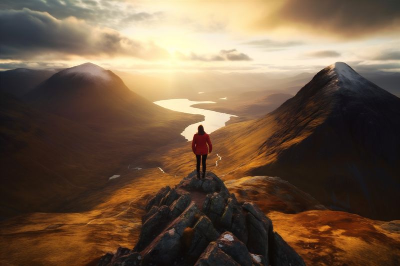 cliff woman man backpack hiker adventure back mountain landscape travel nature walk. Generative AI.