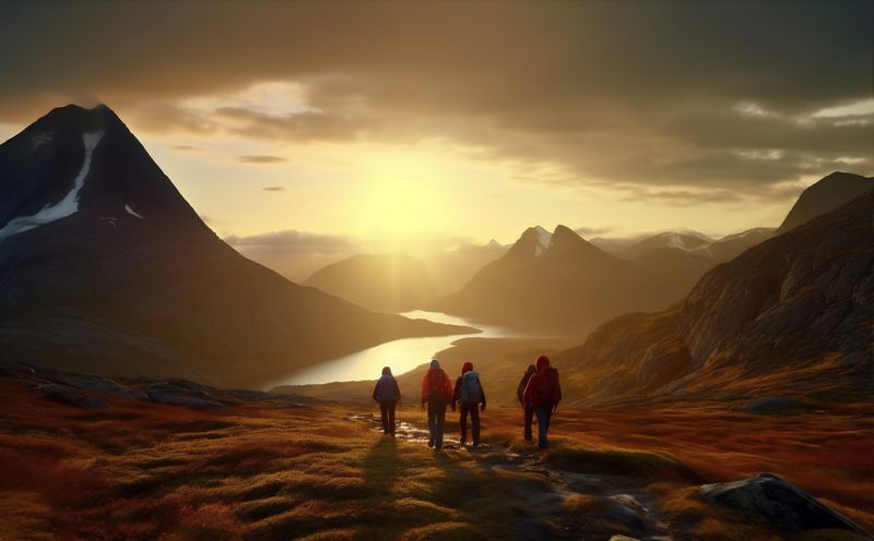 lifestyle man sun trekking mountain nature group tourist travel walking hiking. Generative AI.