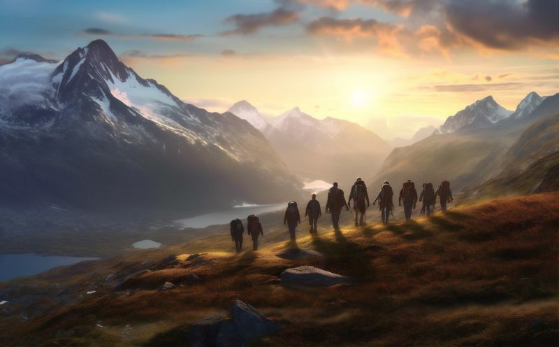 trekking man lifestyle nature traveler tourist walking travel mountain group hiking. Generative AI.