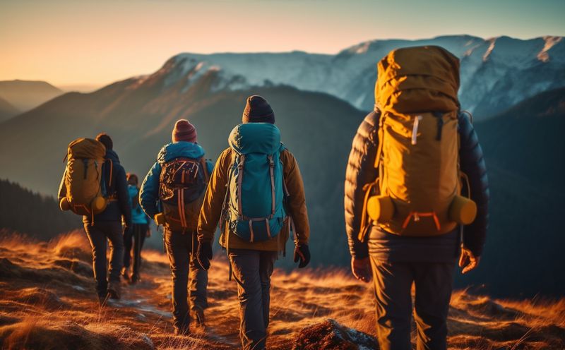 hiking man walking vacation lifestyle nature group travel tourist trekking mountain. Generative AI.