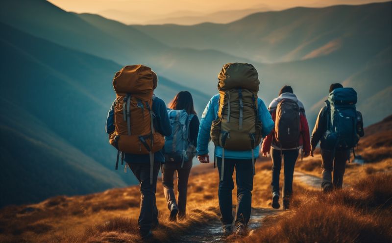 travel man walking lifestyle tourist nature group trekking hiking hiker mountain. Generative AI.