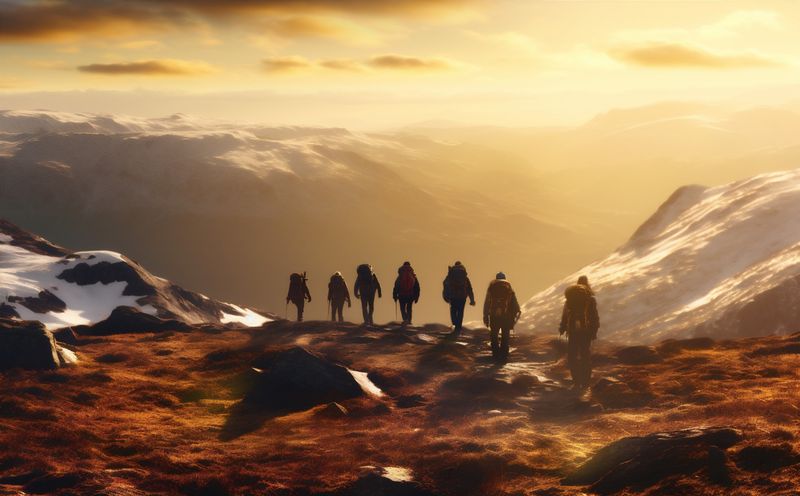 man group walking together mountain lifestyle travel hiking nature trekking tourist. Generative AI.