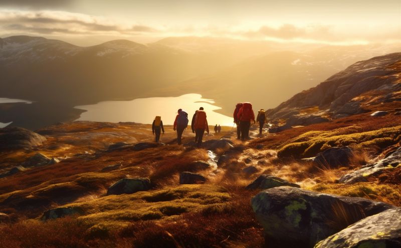 walking man hiking tourist nature healthy mountain trekking lifestyle group travel. Generative AI.