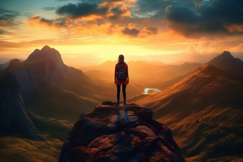 walking man lifestyle mountain tourist group travel nature trekker trekking hiking. Generative AI.