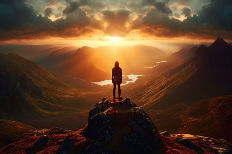 man top mountain nature tourist walking lifestyle group travel trekking hiking. Generative AI.