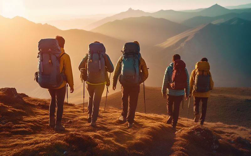 walking man mountain tourist lifestyle trekking hiking vacation nature travel group. Generative AI.