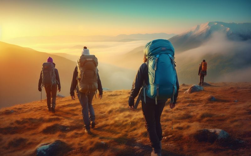 man tourist group walking hiking lifestyle nature mountain travel trekking sun. Generative AI.