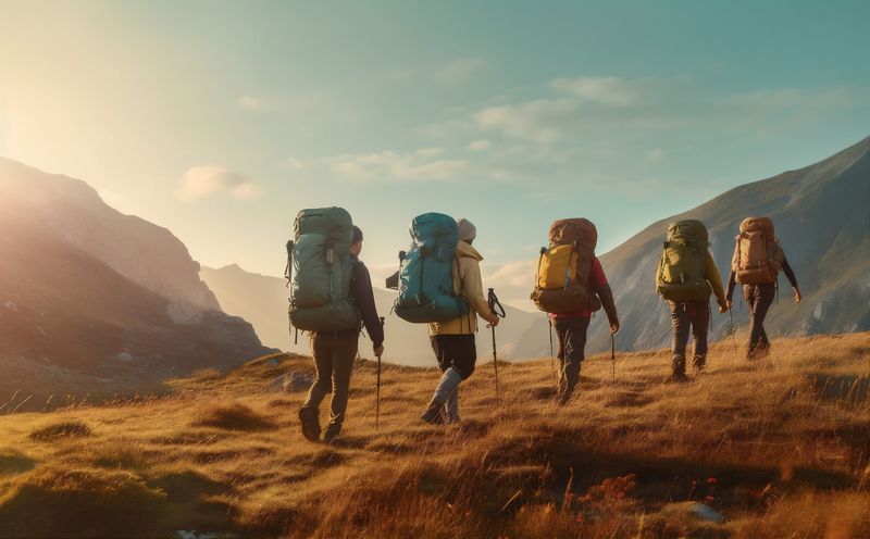 trekking man travel nature group mountain hiking hike tourist lifestyle walking. Generative AI.