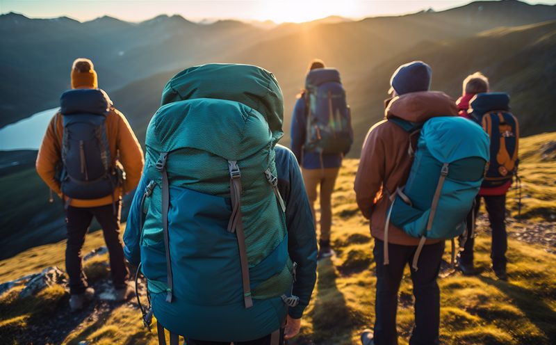 man mountain hiking tourist walking nature group trekking backpacker travel lifestyle. Generative AI.