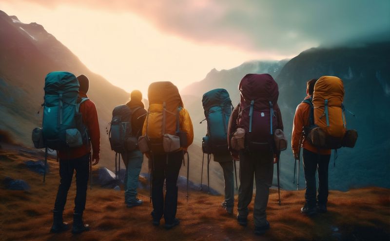 outdoor man travel mountain group lifestyle nature hiking walking tourist trekking. Generative AI.