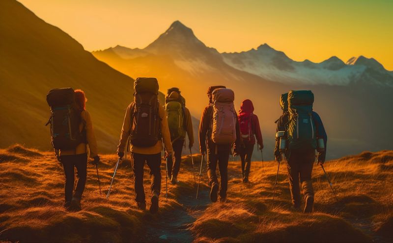 man trekking nature hiking mountain group travel walking lifestyle hike tourist. Generative AI.