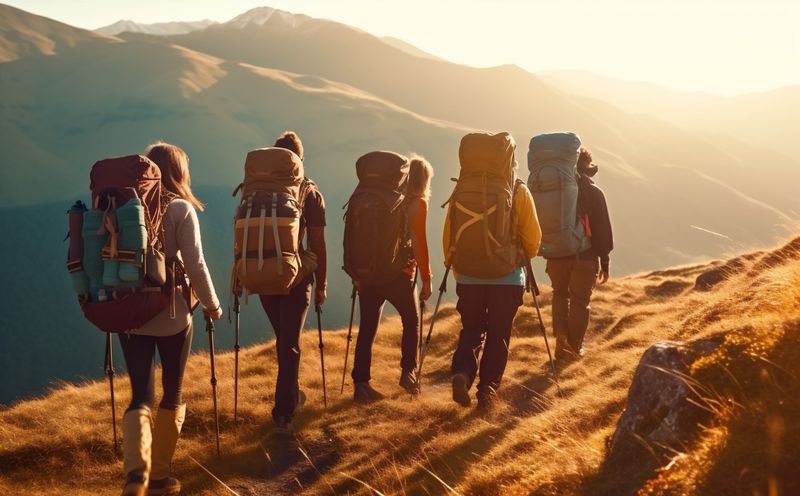 man travel tourist mountain hiking nature walking lifestyle group outdoor trekking. Generative AI.