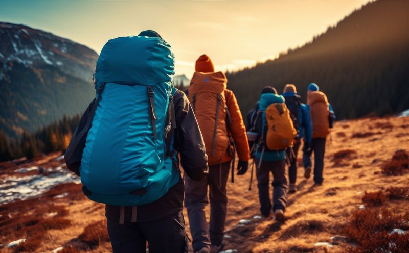 hiking man top tourist mountain group trekking nature walking lifestyle travel. Generative AI.