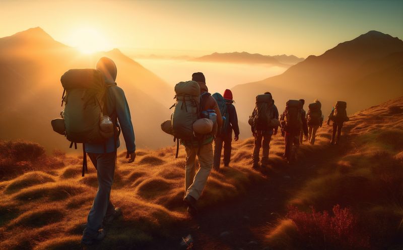 man nature trekking hiking person travel tourist walking lifestyle group mountain. Generative AI.