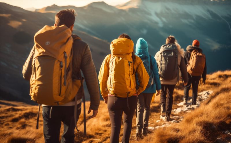 man lifestyle walking nature mountain travel hiking trekking endurance group tourist. Generative AI.