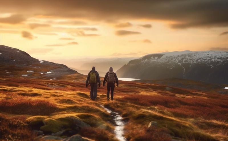 tourist man hiking lifestyle landscape travel group walking nature trekking mountain. Generative AI.