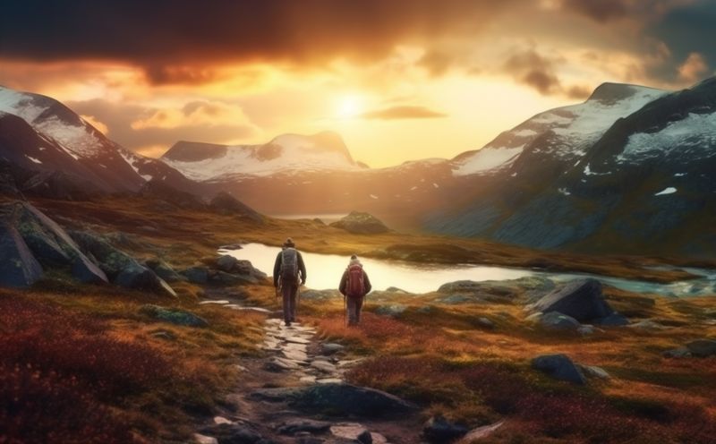 man trekking tourism travel lifestyle nature hiking tourist group mountain walking. Generative AI.