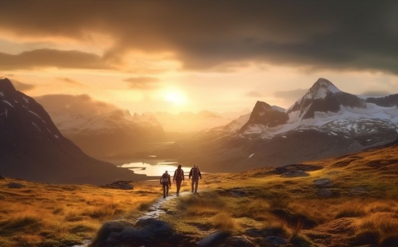 man nature active walking group hiking tourist lifestyle trekking travel mountain. Generative AI.