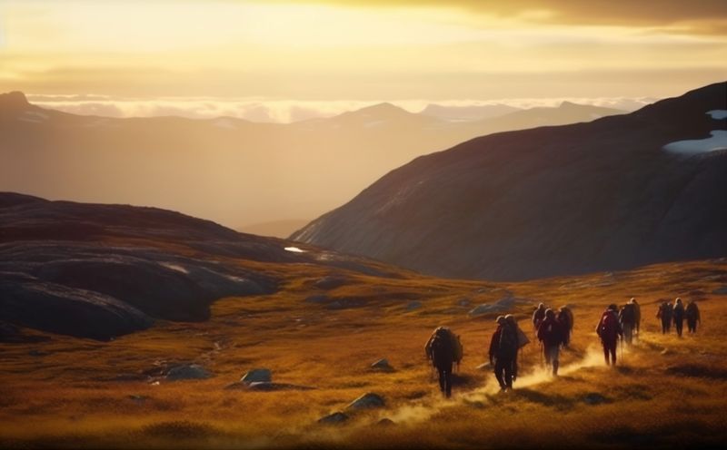 lifestyle man walking nature travel hiking group mountain activity tourist trekking. Generative AI.