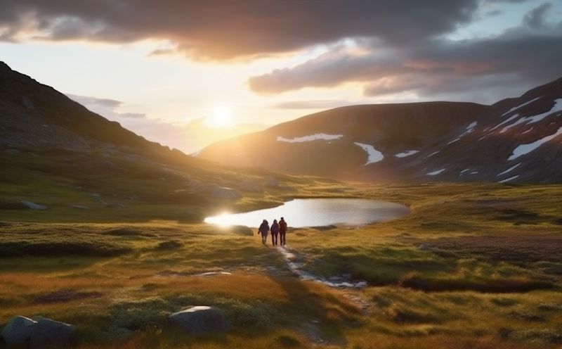 man walking hiking nature trekking sunrise group lifestyle tourist mountain travel. Generative AI.