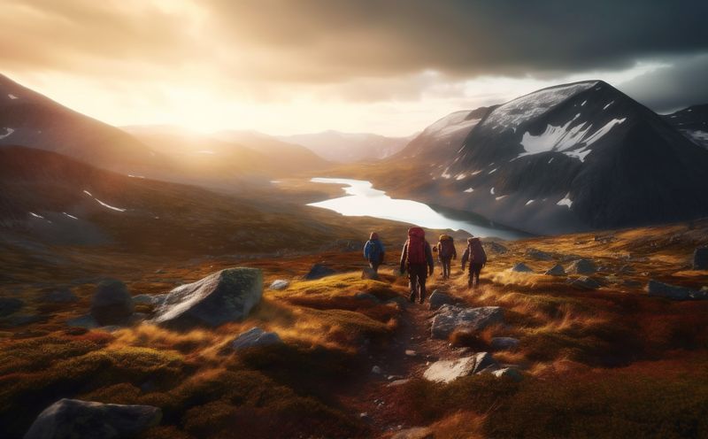 hiking man walking summer group nature tourist lifestyle travel mountain trekking. Generative AI.