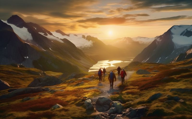 landscape man hiking mountain tourist travel walking nature group trekking lifestyle. Generative AI.