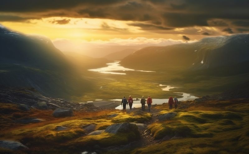 mountain man trekking hiking journey nature lifestyle group travel tourist walking. Generative AI.