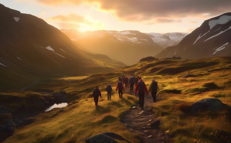 summer woman man group mountain hiking tourist trekking nature lifestyle travel walking. Generative AI.