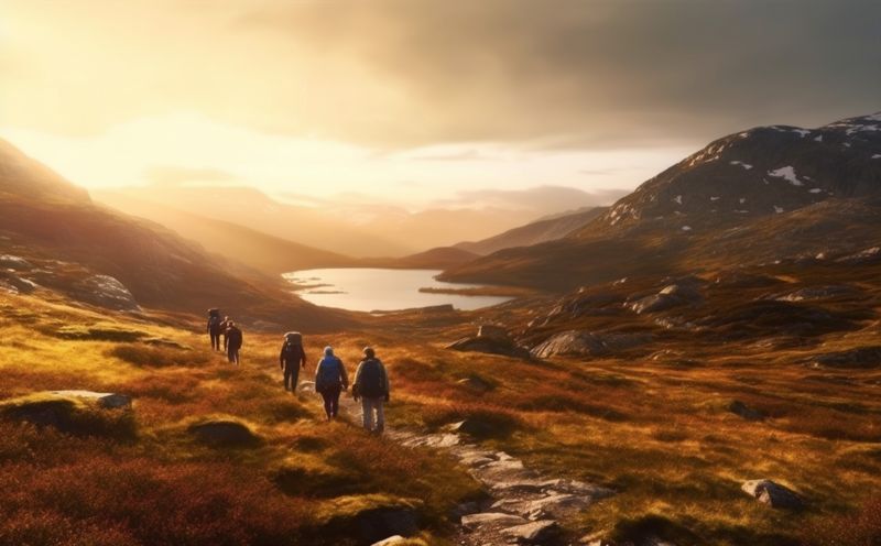 man travel hiking trekking nature group tourist lifestyle mountain tourism walking. Generative AI.