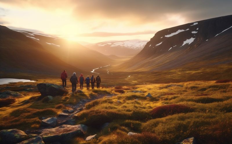 team man trekking hiking nature lifestyle group walking tourist mountain travel. Generative AI.