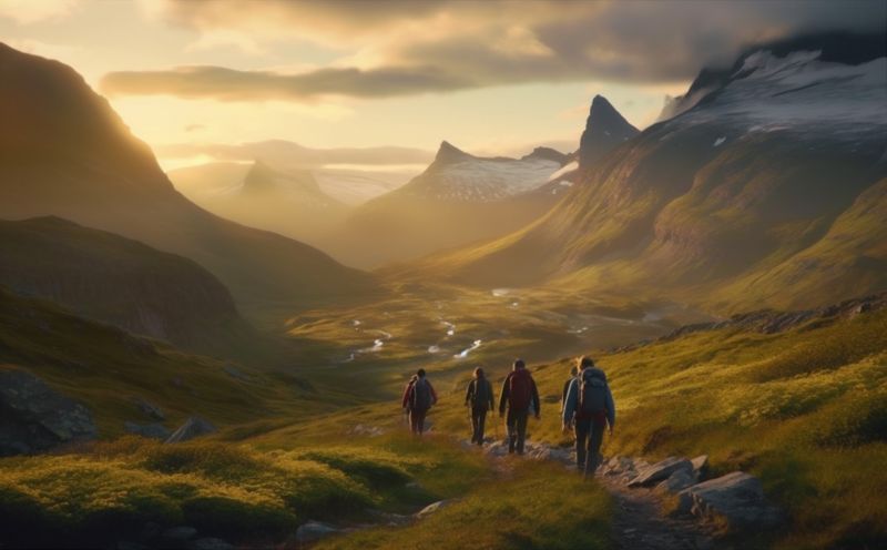 hiking man lifestyle group sunrise nature tourist travel walking mountain trekking. Generative AI.