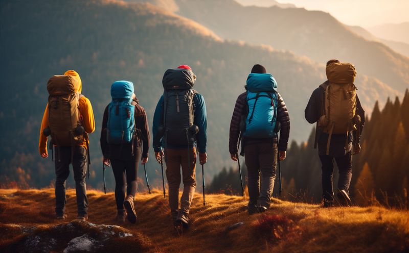 hiking man lifestyle activity mountain tourist group travel nature trekking walking. Generative AI.