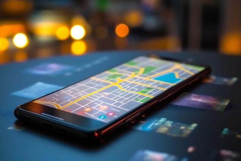 direction mobile phone navigation point map gps travel position location. Generative AI.