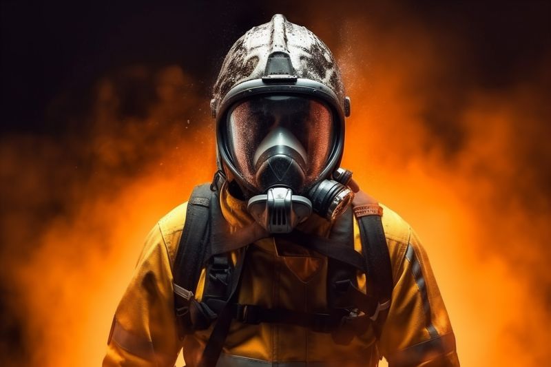 firefighter smoke emergency uniform fire equipment fireman fighter rescue safety. Generative AI.