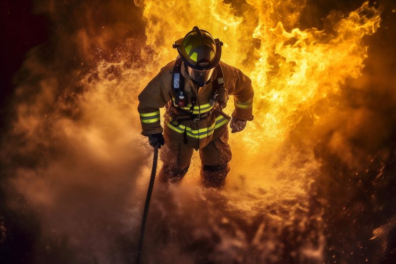 emergency smoke equipment fighter rescue fire firefighter safety fireman uniform. Generative AI.
