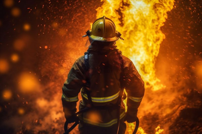 fireman emergency smoke equipment safety fighter uniform rescue firefighter fire. Generative AI.