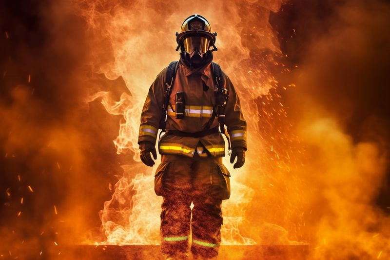 fireman fire rescue smoke firefighter fighter safety equipment emergency uniform. Generative AI.