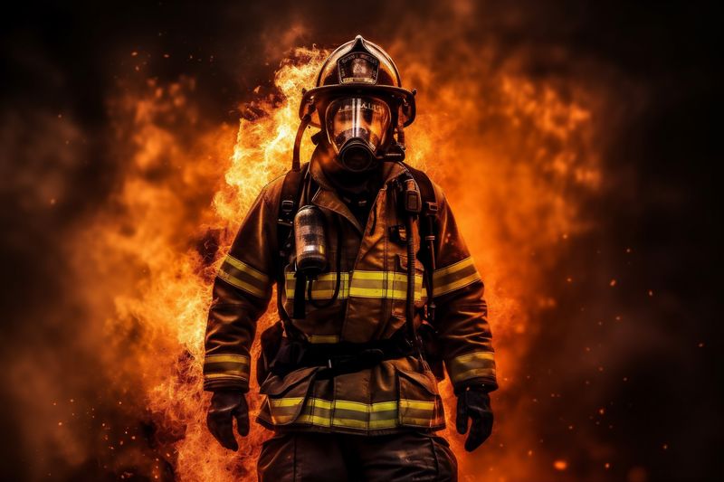 emergency safety fighter firefighter rescue smoke uniform fireman equipment fire. Generative AI.