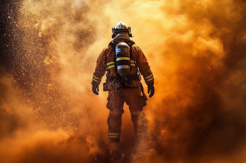 fireman fighter fire smoke equipment rescue safety uniform emergency firefighter. Generative AI.