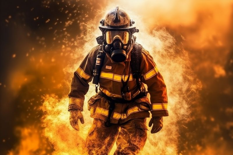 fighter emergency equipment smoke fire fireman rescue safety uniform firefighter. Generative AI.