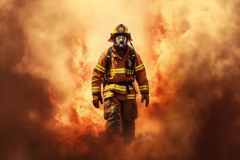 fire emergency rescue equipment uniform smoke fighter firefighter safety fireman. Generative AI.