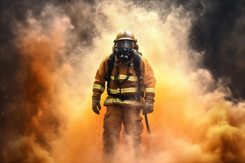 fighter fire smoke emergency equipment rescue safety uniform firefighter fireman. Generative AI.